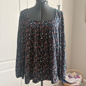 Lucky Brand Women’s Floral Print Square Neck Blouse Long Sleeve Blue Size XXL